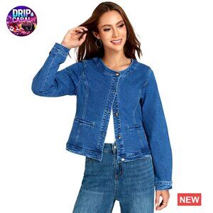Cropped Denim Jacket Slim Stretch Collarless Casual Chic Fall Shacket